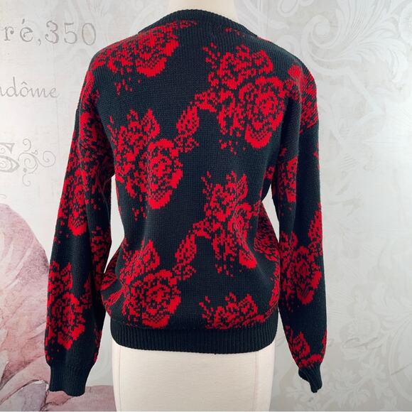 Rainbow Ridge Vintage 80s 90s Sweater Red Black Floral Medium - Picture 5 of 7